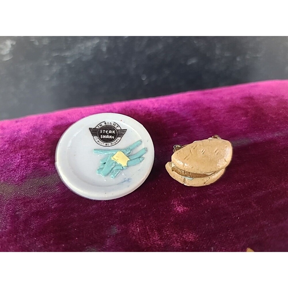Steak N Shake Burger And Green Beans On Plate Brooches, OOAK